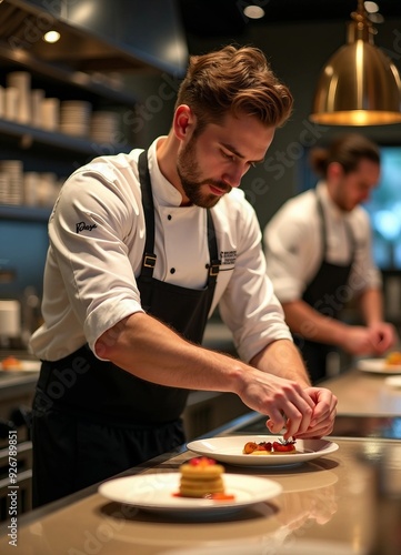 Portrait of a professional chef adding the finishing touch to his dish.