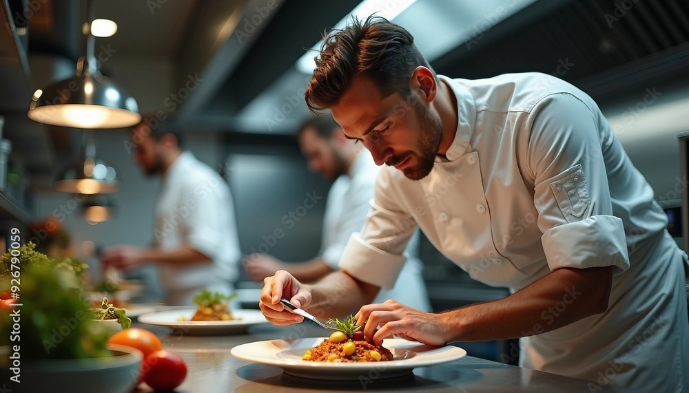 Portrait of a professional chef adding the finishing touch to his dish.
Portrait of a professional chef adding the finishing touch to his dish.