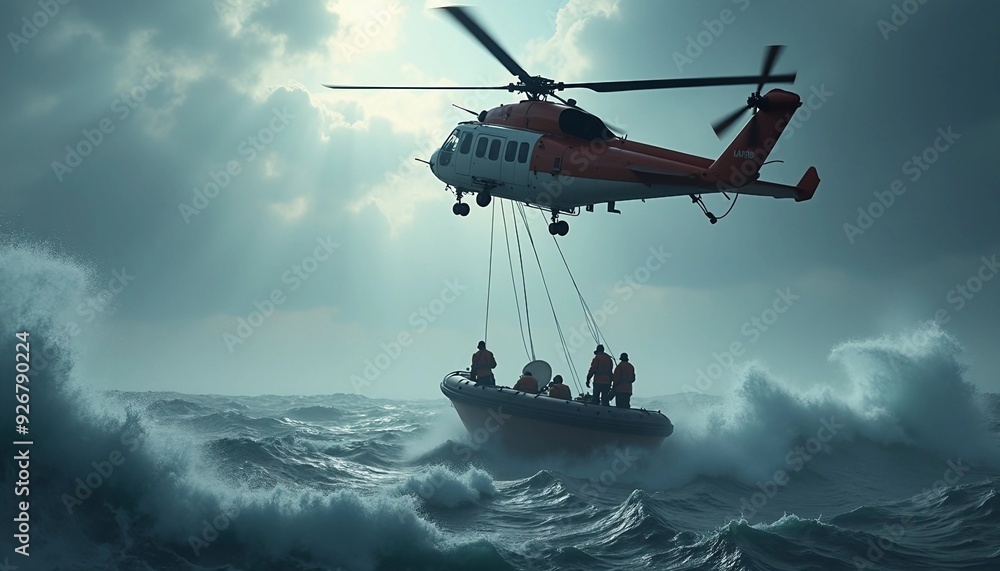 A rescue helicopter hovers over a choppy ocean, with high waves crashing against a lifeboat and crew members being lowered to assist distressed survivors, highlighting the perilous rescue operation.
A rescue helicopter hovers over a choppy ocean, with high waves crashing against a lifeboat and crew members being lowered to assist distressed survivors, highlighting the perilous rescue operation.