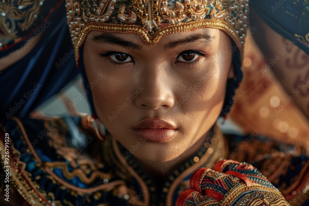 a Japanese woman in ornate Thai gold gloves reflects deep concentration and resolve before the fight. a Japanese woman in ornate Thai gold gloves reflects deep concentration and resolve before the fight.