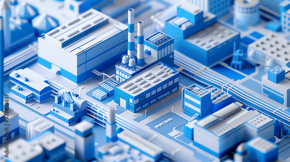 a city with industrial buildings in blue and white. a city with industrial buildings in blue and white.