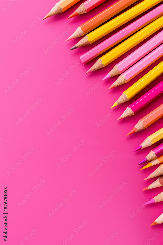 Colorful variety of sharpened pencils on pink background for vibrant drawing and coloring Colorful variety of sharpened pencils on pink background for vibrant drawing and coloring