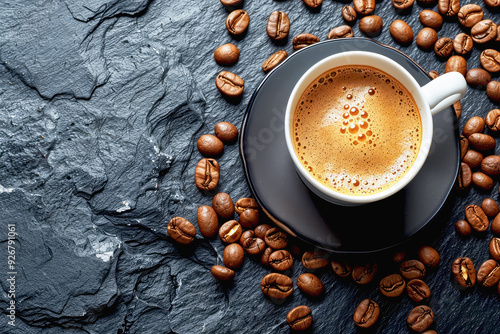 Coffee cup placed to the coffee beans on black stone background. Top view photo