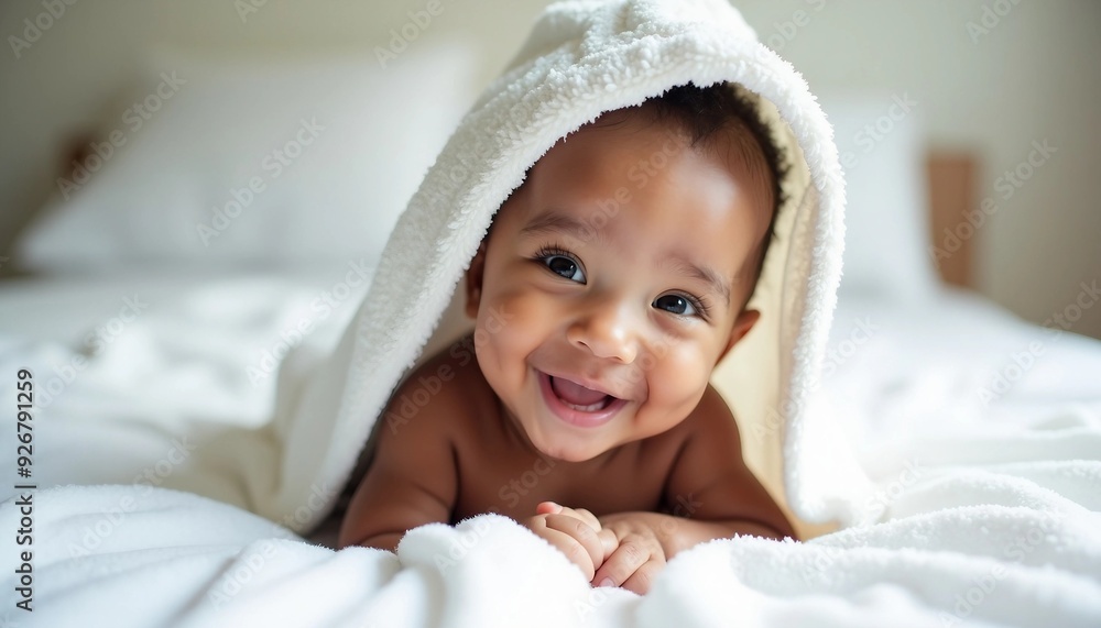 Portrait of a happy African American baby wrapped in a cozy white towel.
Portrait of a happy African American baby wrapped in a cozy white towel.