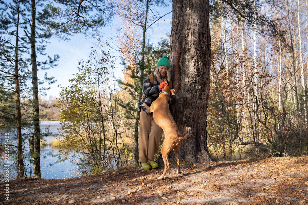 Woman hugging cuddling petting her dog walking on ecotrope in nature autumn park near pond. Happy female rejoicing spend time with pet friend on weekend. Travel, tourism with dog, wanderlust concept. Woman hugging cuddling petting her dog walking on ecotrope in nature autumn park near pond. Happy female rejoicing spend time with pet friend on weekend. Travel, tourism with dog, wanderlust concept.