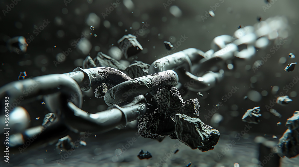 A broken chain with fragments flying off in a dark and blurry background. A broken chain with fragments flying off in a dark and blurry background.