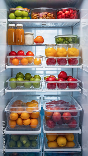 A refrigerator neatly organized with transparent containers, showcasing fresh and vibrant fruits and vegetables