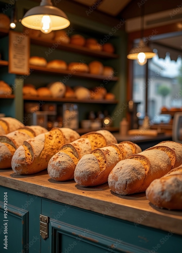 Sourdough bread loaves made from natural leavening on an old wooden table in a bakery. Sourdough bread loaves made from natural leavening on an old wooden table in a bakery.