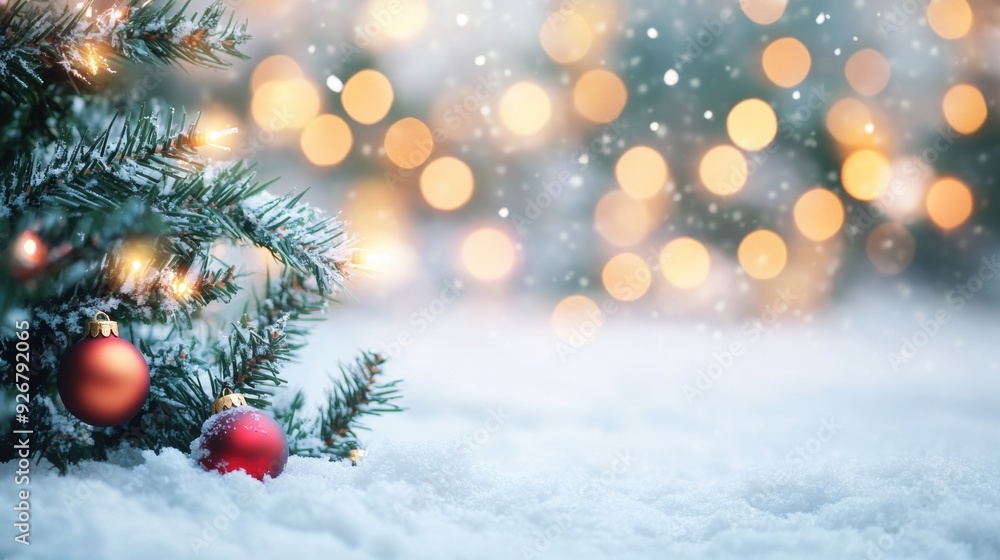 Christmas tree with lights and ornaments in the snow, AI Christmas tree with lights and ornaments in the snow, AI