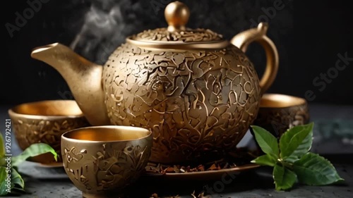 Elegant Gold Tea Cups and Pot with Steaming Tea - Cozy Video
