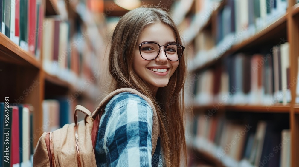 Girl with backpack smiling in library Girl with backpack smiling in library