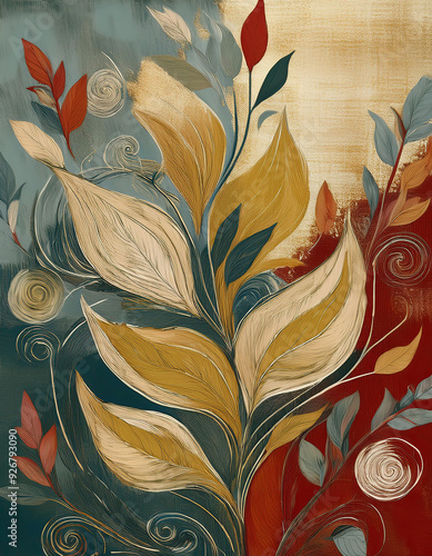 Vintage painting of Seamless pattern with stylized leaves on canvas photo