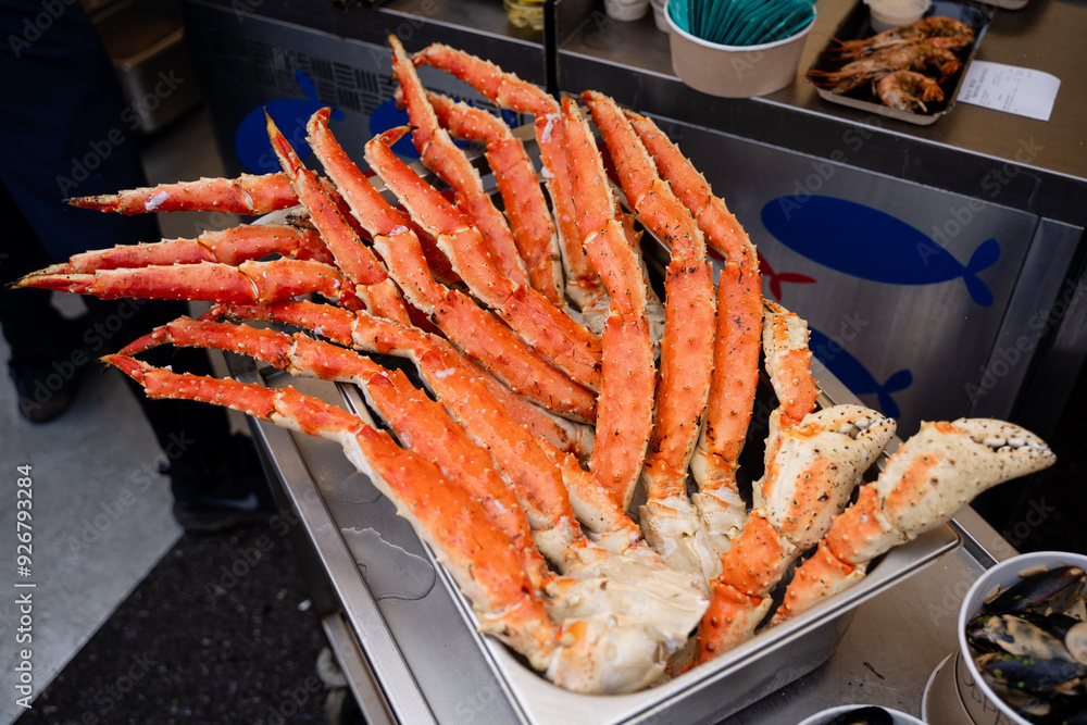 Freshly Cooked and Delicious King Crab Legs Beautifully Displayed at a Bustling Seafood Market Today Freshly Cooked and Delicious King Crab Legs Beautifully Displayed at a Bustling Seafood Market Today