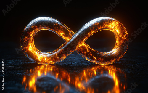 An infinity symbol illuminated in a golden hue against a black isolated background