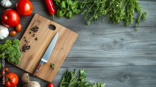 Sleek wooden kitchen table with fresh vegetables, herbs and a knife on the board over a grey wood background with space for text stock 