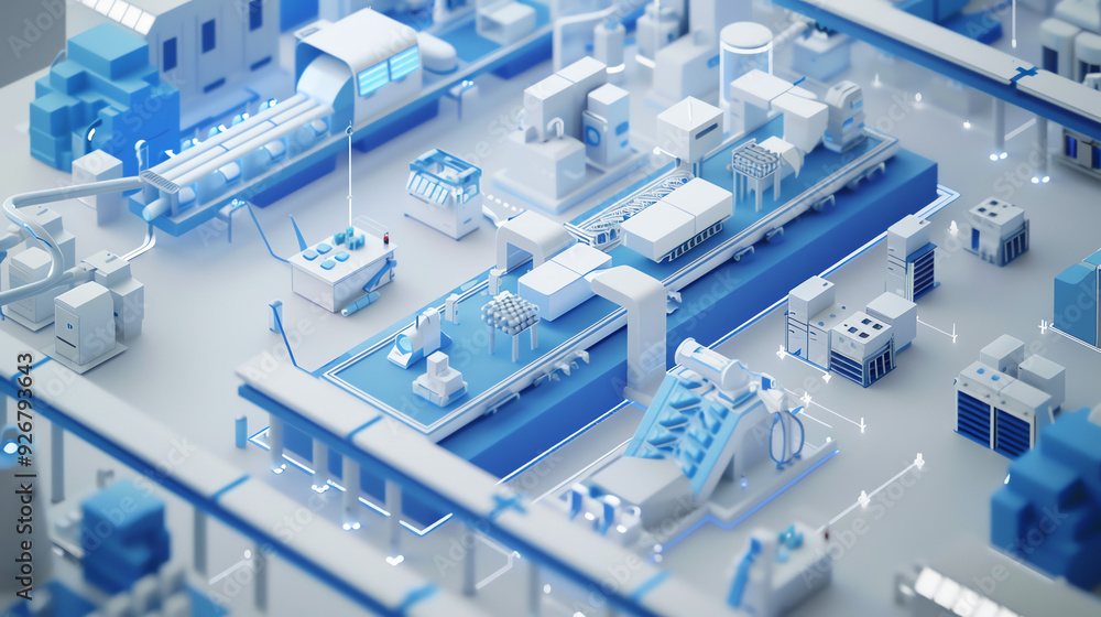 A computer generated image of a factory floor with various machines and conveyor belts. A computer generated image of a factory floor with various machines and conveyor belts.