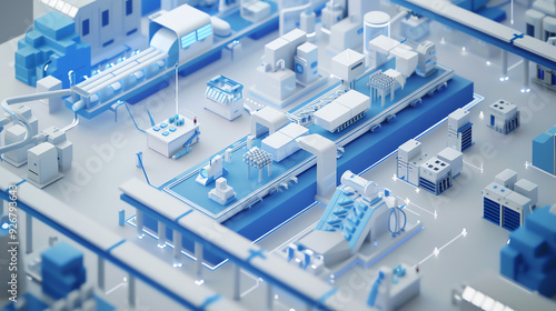 A computer generated image of a factory floor with various machines and conveyor belts.