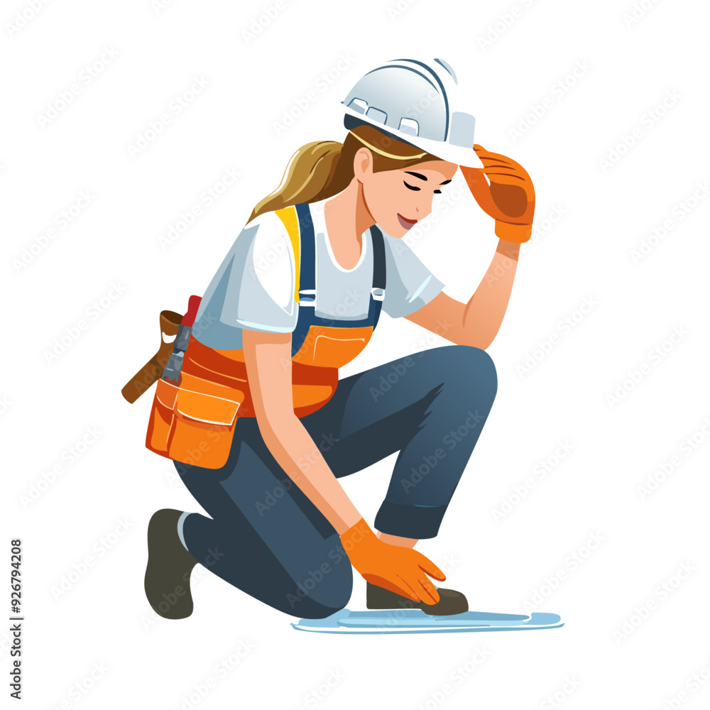 female worker with helmet looking at something on the floor, isolated on white female worker with helmet looking at something on the floor, isolated on white