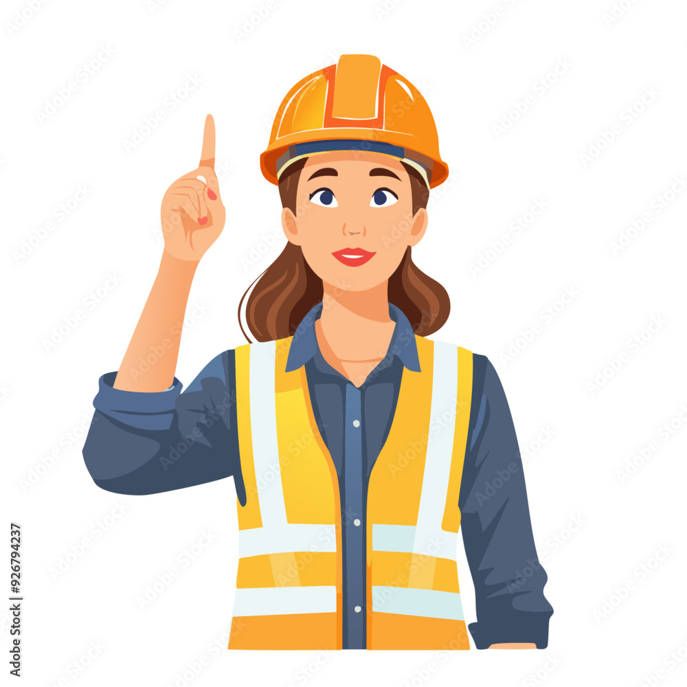 female worker with a helmet pointing at something in the sky, isolated on white female worker with a helmet pointing at something in the sky, isolated on white