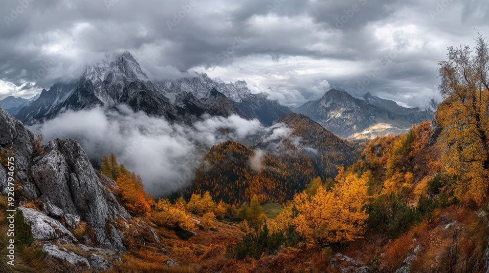 Fototapeta premium Cloudy Julian Alps autumn scene