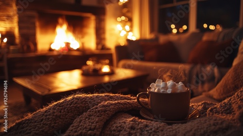 A cup of marshmallows sitting on a couch in front of the fireplace, AI