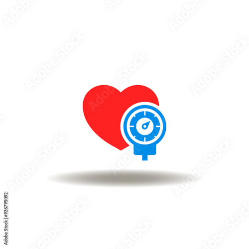 Vector illustration of heart with tonometer. Icon of blood pressure monitor, sphygmomanometer. Symbol of hypertensive crisis.