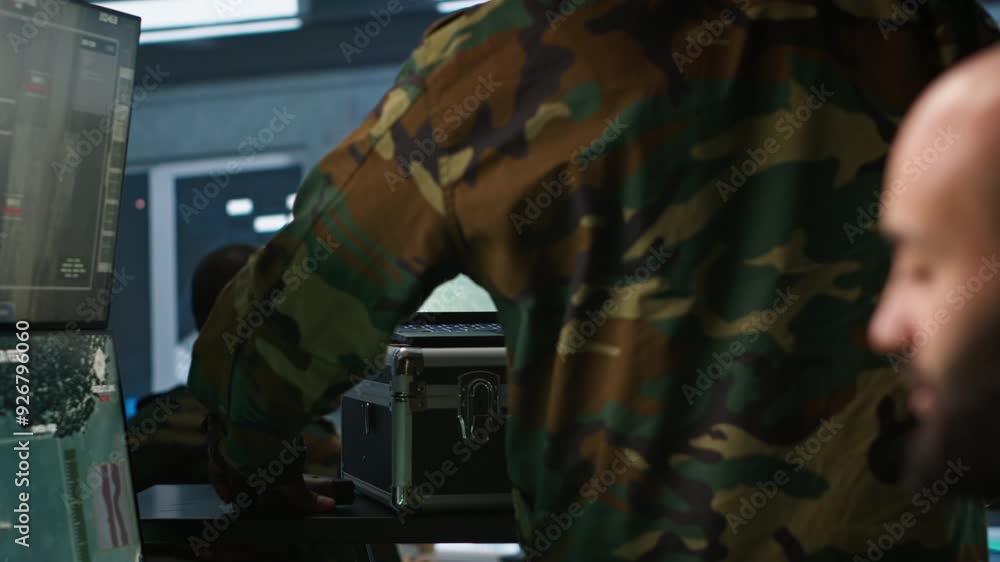 Air force combat control agent performing tactical level surveillance in war room using laptop. Military expert in base of operations using radar on notebook to look at assault zones, camera A Air force combat control agent performing tactical level surveillance in war room using laptop. Military expert in base of operations using radar on notebook to look at assault zones, camera A