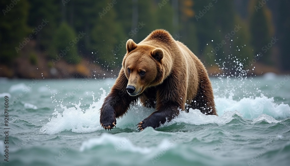 A brown bear energetically fishes in a vibrant river, showcasing wildlife dynamics. A brown bear energetically fishes in a vibrant river, showcasing wildlife dynamics.