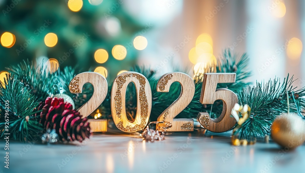 Wooden 2025 New Year's Eve Decor with Pine Branches Wooden 2025 New Year's Eve Decor with Pine Branches