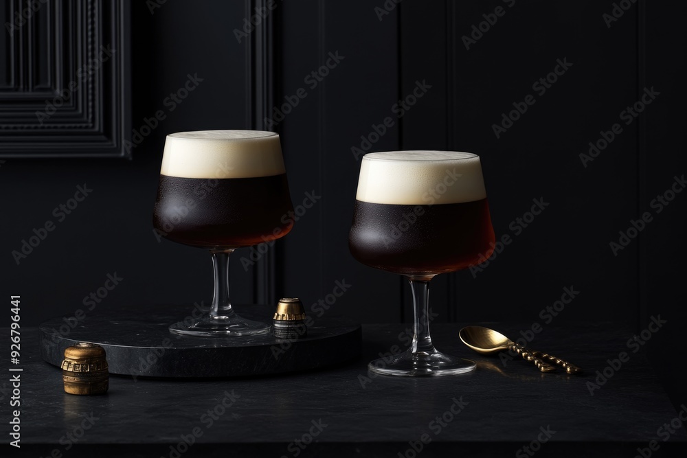 Elegant Dual Glasses of Dark Beer on a Sophisticated Black Background with Gold Elements - Perfect for Beverage Promotions Elegant Dual Glasses of Dark Beer on a Sophisticated Black Background with Gold Elements - Perfect for Beverage Promotions