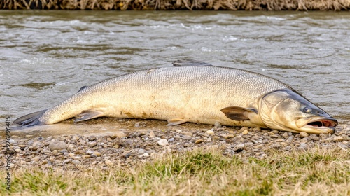 A large fish laying on the ground in a river, AI