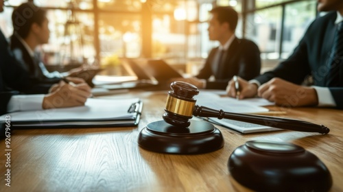 A wooden gavel sitting on a table next to some papers, AI photo