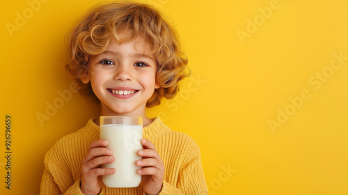 little child with a glass of milk on yellow background