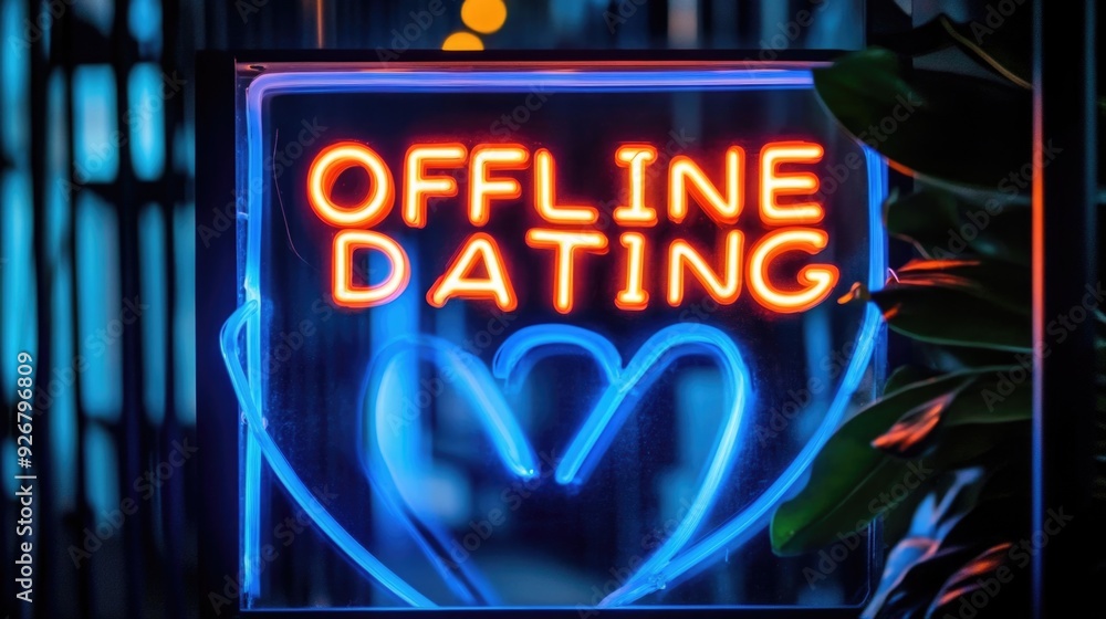 Glowing Neon Sign with Heart Displaying 'Offline Dating' Message for Romantic Nightlife Ambience and Decor Glowing Neon Sign with Heart Displaying 'Offline Dating' Message for Romantic Nightlife Ambience and Decor