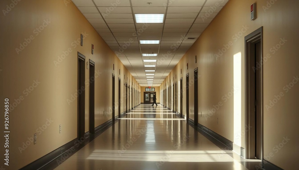 A quiet, empty school corridor with visible classroom and exit doors in the distance.
A quiet, empty school corridor with visible classroom and exit doors in the distance.