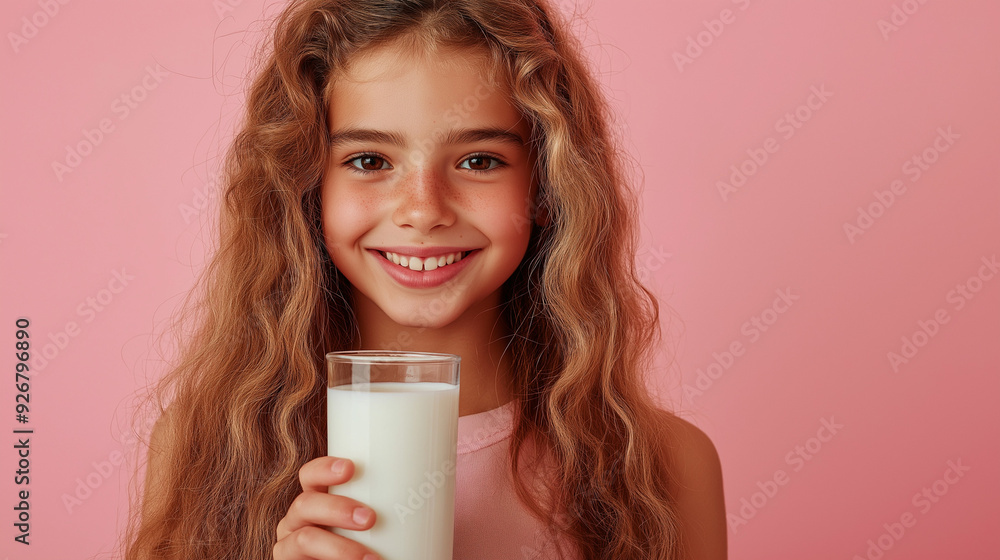 smiling girl holding glass of milk isolated on pink background smiling girl holding glass of milk isolated on pink background