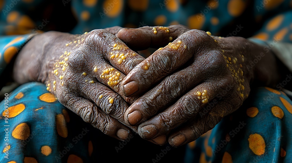 A person examining their skin with visible monkeypox lesions, on his body