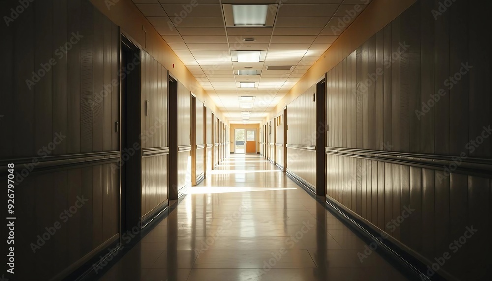 A quiet, empty school corridor with visible classroom and exit doors in the distance.
A quiet, empty school corridor with visible classroom and exit doors in the distance.