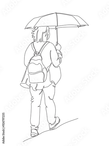 Woman with umbrella and backpack walking away on rainy day. Back view. Continuous line drawing. Black vector illustration in line art style.