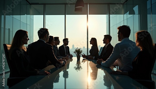 Silhouettes of executives in a glass meeting room, with dramatic lighting and city glow adding depth and contrast to the sleek design.






 photo