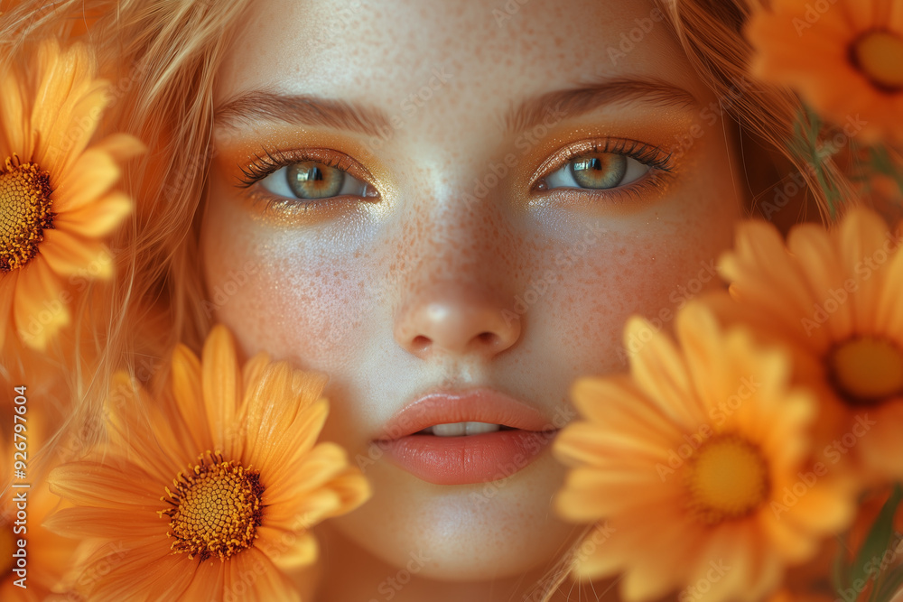 Close-up of a beautiful young woman surrounded by vibrant orange flowers, featuring soft makeup and glowing skin. Ideal for beauty, nature, and fashion themes. Close-up of a beautiful young woman surrounded by vibrant orange flowers, featuring soft makeup and glowing skin. Ideal for beauty, nature, and fashion themes.