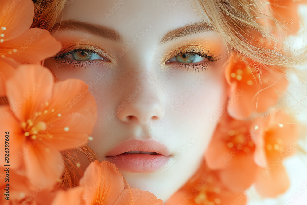 Close-up of a beautiful young woman surrounded by vibrant orange flowers, featuring soft makeup and glowing skin. Ideal for beauty, nature, and fashion themes. Close-up of a beautiful young woman surrounded by vibrant orange flowers, featuring soft makeup and glowing skin. Ideal for beauty, nature, and fashion themes.