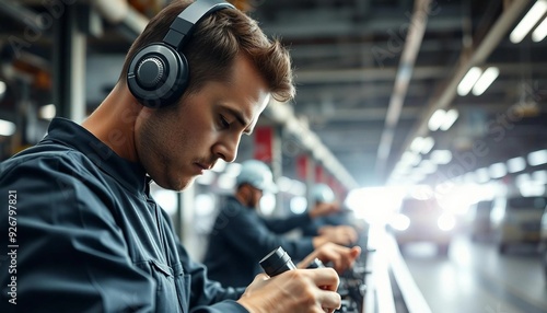 Portrait of a factory worker on a car assembly line. photo