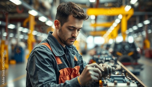 Portrait of a factory worker assembling parts, with a blurred background and bright, even lighting.