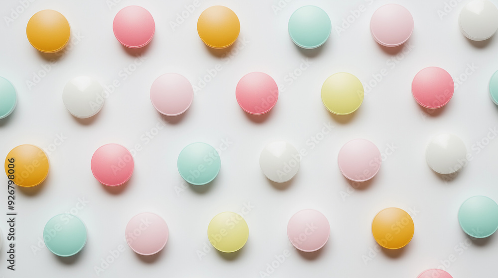 Colorful Medicinal Tablets Mockup in a Pattern on a White Surface. Focus on medicine and wellness. Colorful Medicinal Tablets Mockup in a Pattern on a White Surface. Focus on medicine and wellness.