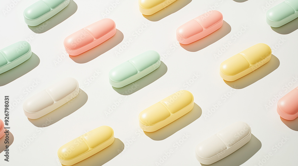 Pastel Colored Pills on a Bright Background. Mockup. Modern Medicine Concept. Pastel Colored Pills on a Bright Background. Mockup. Modern Medicine Concept.