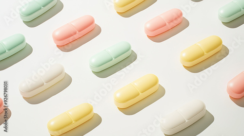 Pastel Colored Pills on a Bright Background. Mockup. Modern Medicine Concept.