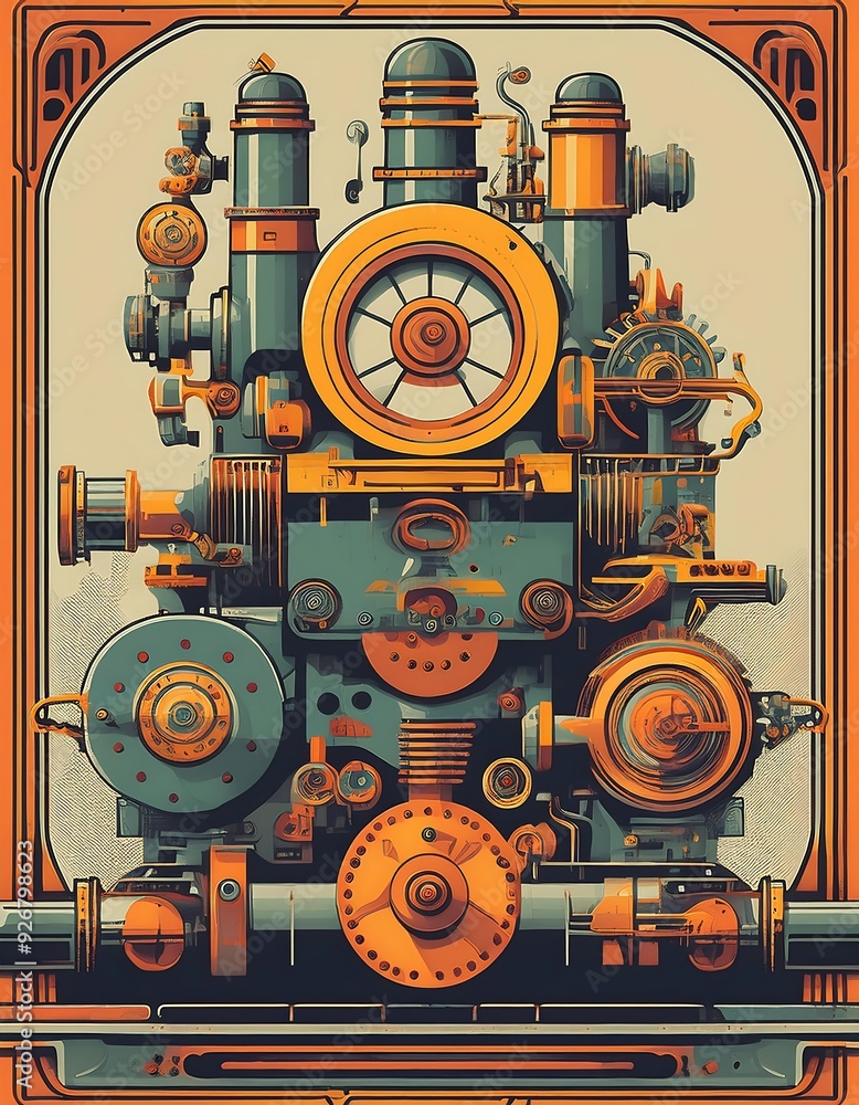 Fototapeta premium Retro Classic Machinery - labor day themed poster showcasing vintage industrial machinery such as old-fashioned engine. Graphic art illustration