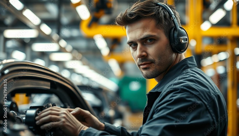 A technician focused on the vehicle assembly line in a factory setting. A technician focused on the vehicle assembly line in a factory setting.