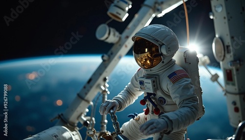 Fototapeta Naklejka Na Ścianę i Meble -  An astronaut floats outside a space station, working on maintenance with Earth beautifully framed in the background.